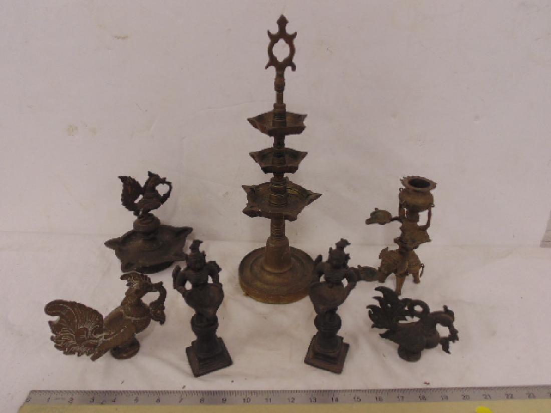 5 early India bronze oil lamps & 2 lamp bird finials (1 of 8)