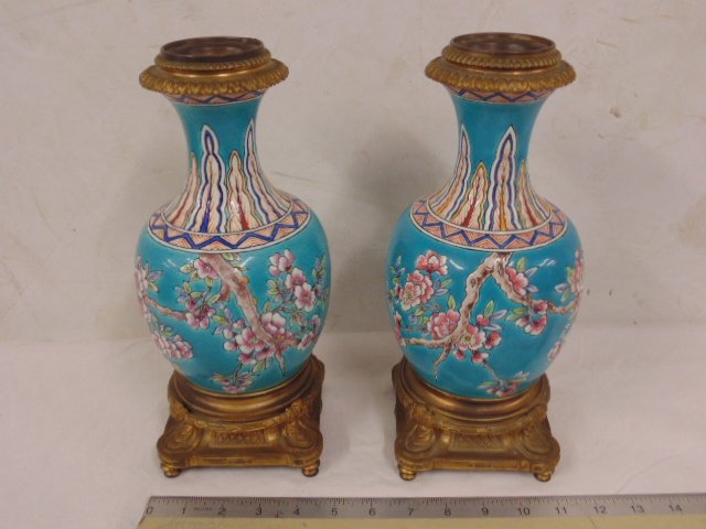 Pair 19th Century faience oil lamp bases, Theodore Deck: Pair 19th Century bronze & faience oil lamp bases, possible Theodore Deck, floral decorated with butterflies, in good condition, height is 11.5"