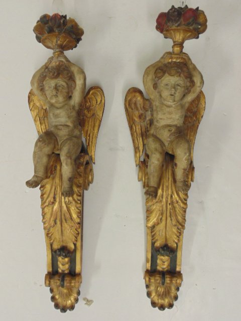 Pair carved wood, paint decorated antique wall sconces (1 of 9)