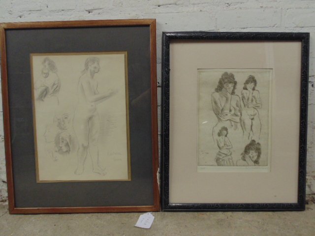 Raphael Soyer drawing & woodblock, study of nudes (1 of 9)
