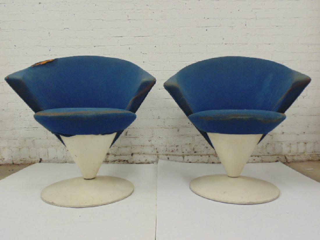Pair mid Century Adrian Pearsall cone swivel chairs: Pair mid Century Adrian Pearsall cone swivel chairs, need upholstery, each chair is 33.5" tall, 30" wide.Note, one chir has hairline in steel platform bese, extending about 2 inches from the center, i
