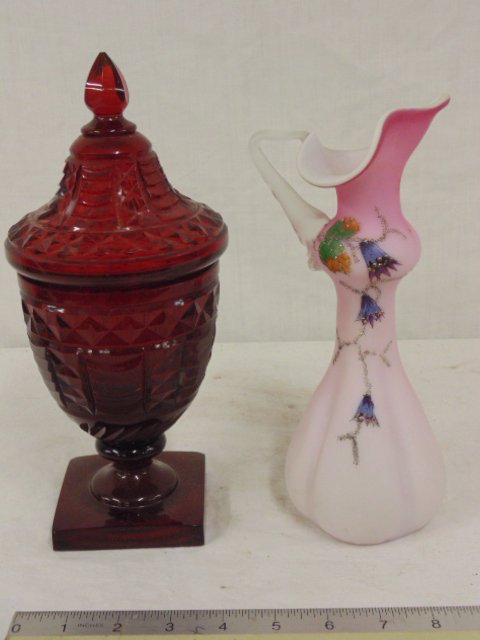 Cranberry glass compote & peach blown glass ewer (1 of 6)