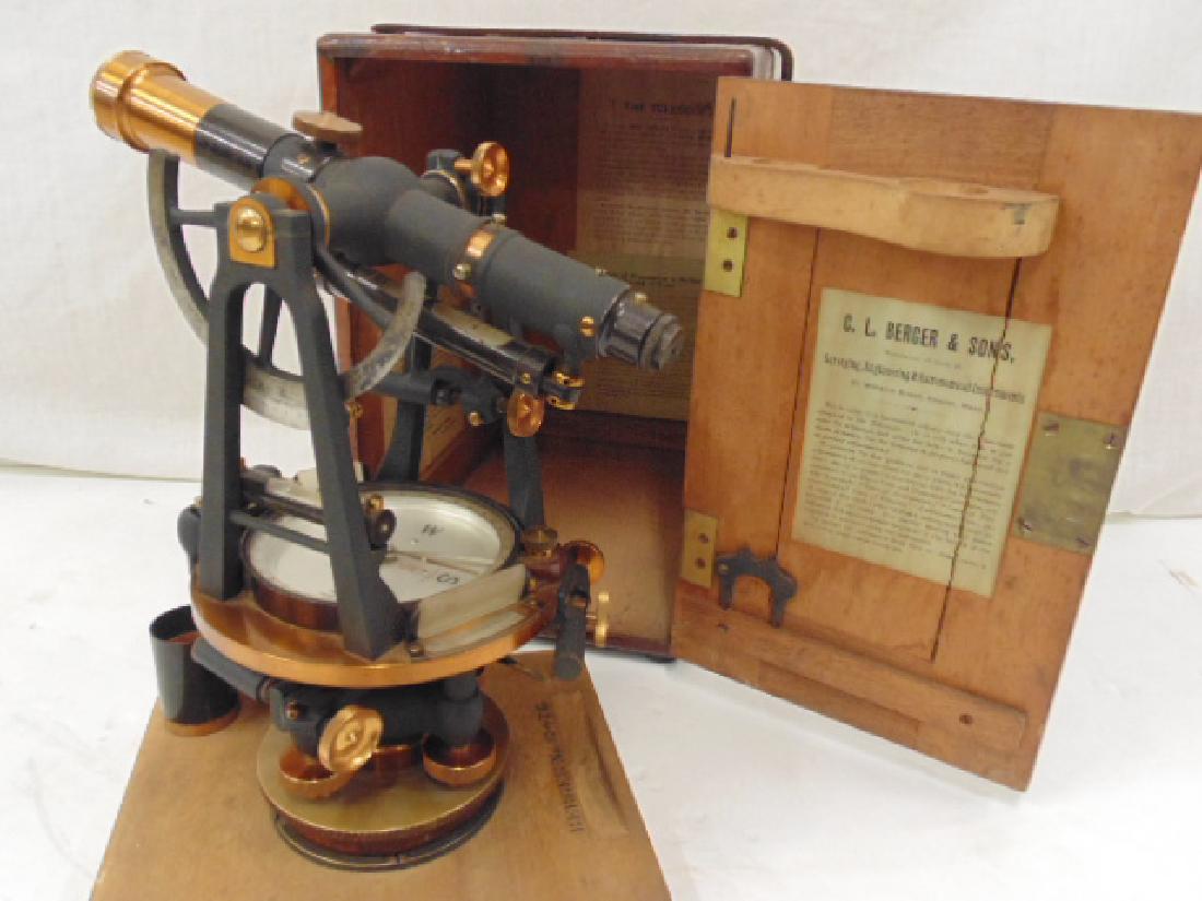 Berger Transit, Scientific instrument in case: Berger Transit, Scientific instrument in case, made by C.L. Berger & sons, manufacture of Surveying, Engineering & Astronomical Instruments, 37 Williams Street, Boston, Mass. serial number 10476, leat