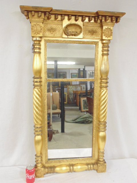 Gilt antique mirror, "Nemo Me Impune Lacessit": Gilt double panel 19th Century mirror, decorated with acorns, shell & 4 starburst medallions in each corner with the Latin phrase "Nemo Me Impune Lacessit" (No one provokes me with impunity), mirror i