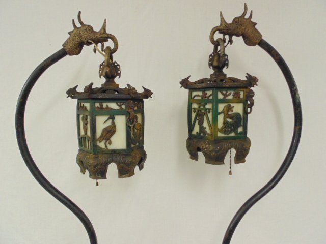 Pair Chinois iron hanging lantern floor lamp, early 20t (1 of 10)