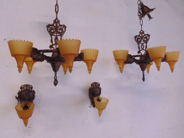 Pair 1920's fixtures with amber shades & 5 sconces (1 of 9)