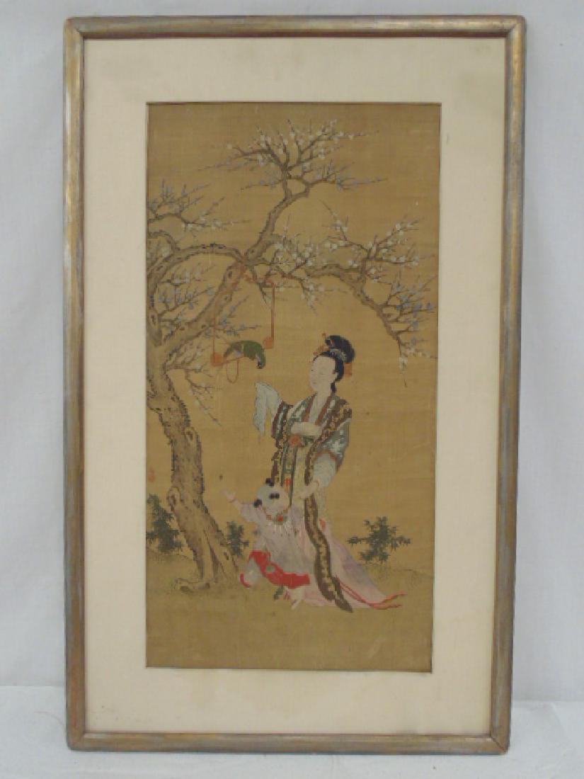 Chinese, Asian painting on silk, woman & child (1 of 6)