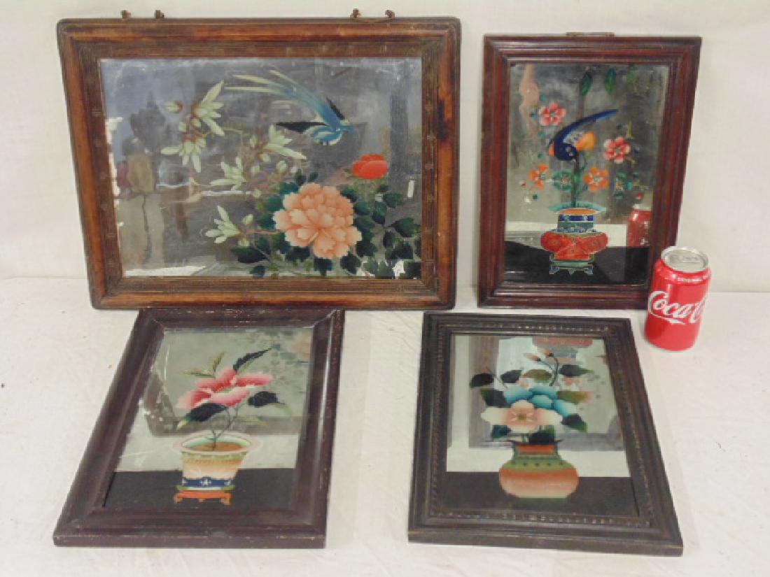 4 Eglomise panels, Asian style flowers (1 of 6)