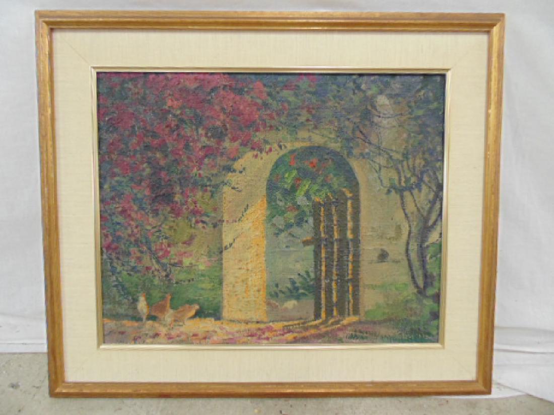 Painting, "Amatitlan", signed Miguel Angel Rios: Painting, oil on canvas, "Amatitlan", chickens by doorway, signed Miguel Angel Rios, 16" by 20". All items sold as is, as found, please refer to images for general condition issues, if you need more i