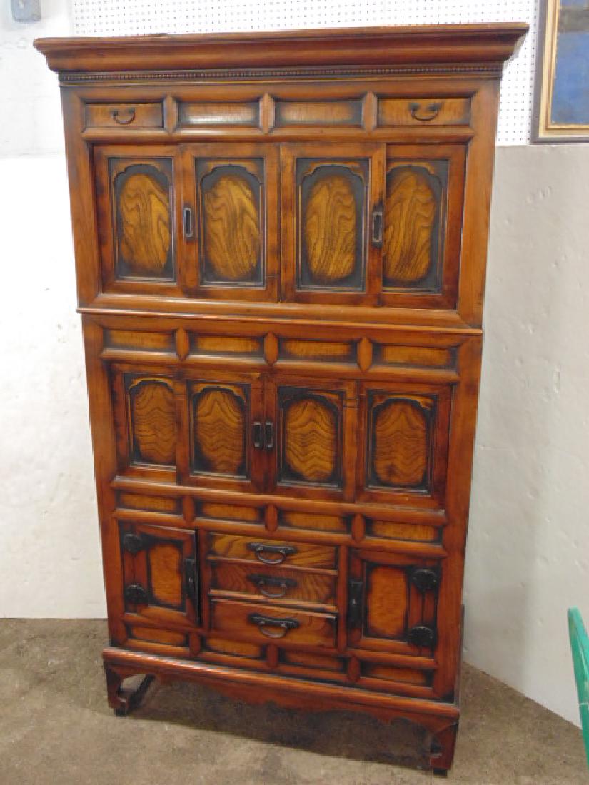 Asian, Korean sectional cabinet with sliding doors: Asian, Korean sectional cabinet with sliding doors, cabinet is 39" by 19", height is 68.5", calligraphy behind each door. All items sold as is, as found, please refer to images for general condition i