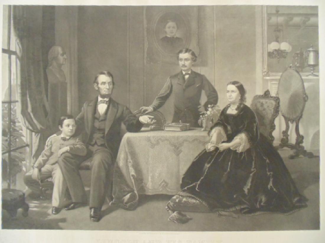 Engraving, "Lincoln and his Family", from the painting: Engraving, "Lincoln and his Family", from the painting by S. B. Waugh. Engraved by William Sartain, 1866, image size 17 5/8 x 24 7/8", total size is 21.75" by 27", unframed, minor damage upper left co