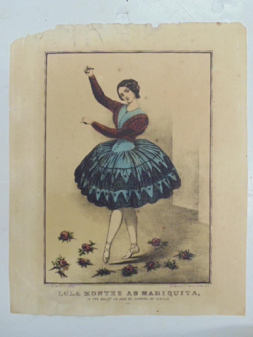 N. Currier print, "Lola Montez as Mariquita", in the: N. Currier print, "Lola Montez as Mariquita", in the ballet un jour de carneval of Seville, loss top margin, size is 14.5" by 12". All items sold as is as found, please refer to images for additional 