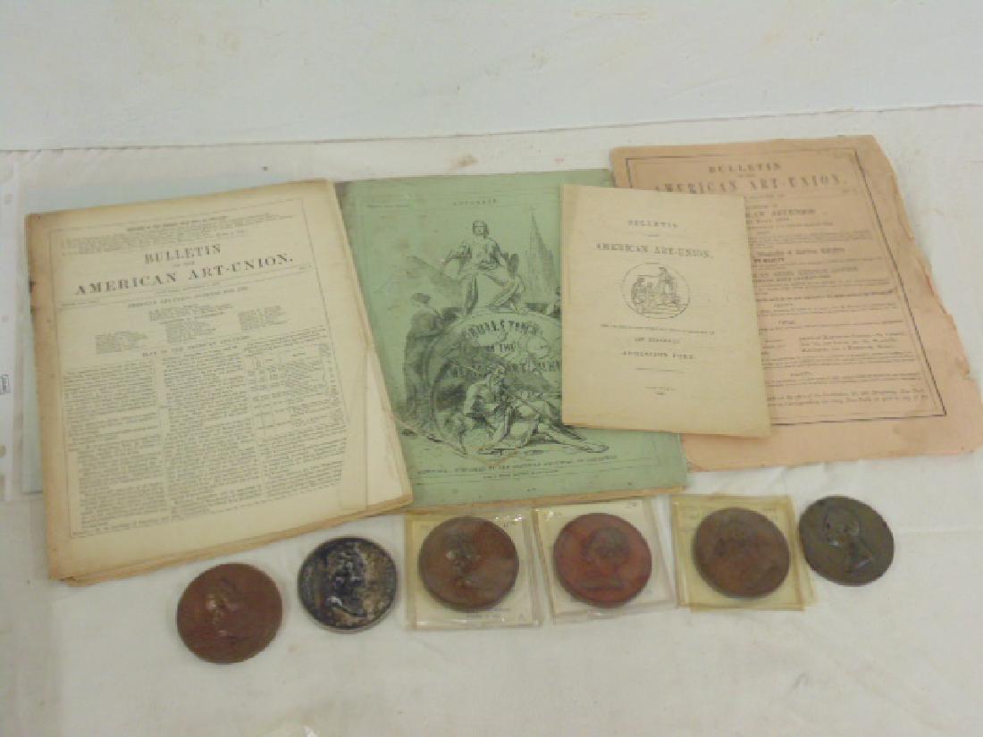 American Art Union lot, magazines & medallions: American Art Union lot includes several magazines & 7 Art Union medallions, medallions include: 3 "Washington Allston, 1847" (2 bronze, one silver toned); 2 "John Trumbull, 1849" & 2 "Gilbert Stuart,