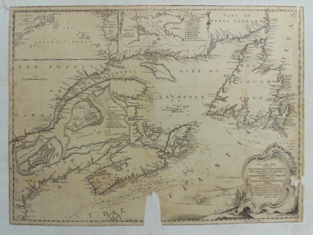 Antique colonial map by Thomas Jefferys after Nicolas: Antique colonial map by Thomas Jefferys after Nicolas Bellin, mid-18th-century map stretching from Boston north to Labrador. The fishing banks off Nova Scotia and Newfoundland are marked, with soundin