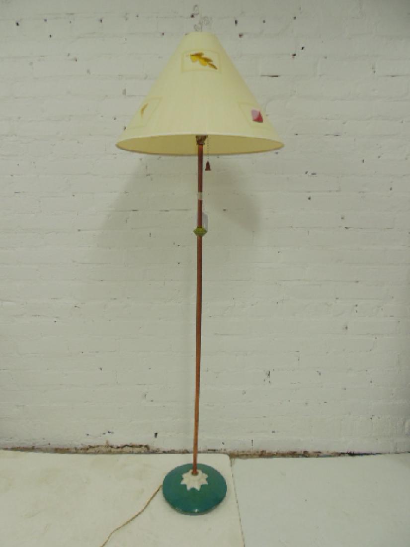 Altamira floor lamp with decorative shade: Altamira floor lamp with decorative shade, glazed terracotta base, detail, height is 65.5". All items sold as is, as found, please refer to images for additional condition information, all sales final