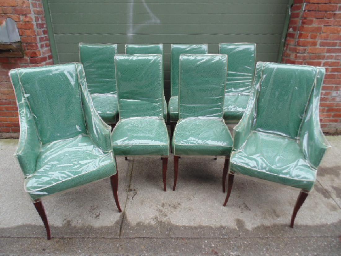 Set 8 upholstered chairs, 6 side & 2 arm: Set 8 upholstered chairs, 6 side & 2 arm, green upholstery. All items sold as is, as found, please refer to images for additional condition information, all sales final. By participating in this aucti