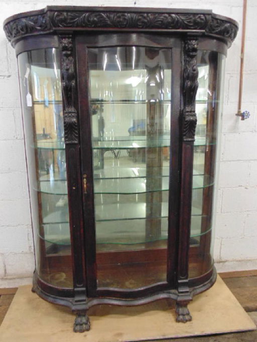 Curved Oak China Cabinet With Mirrored Back