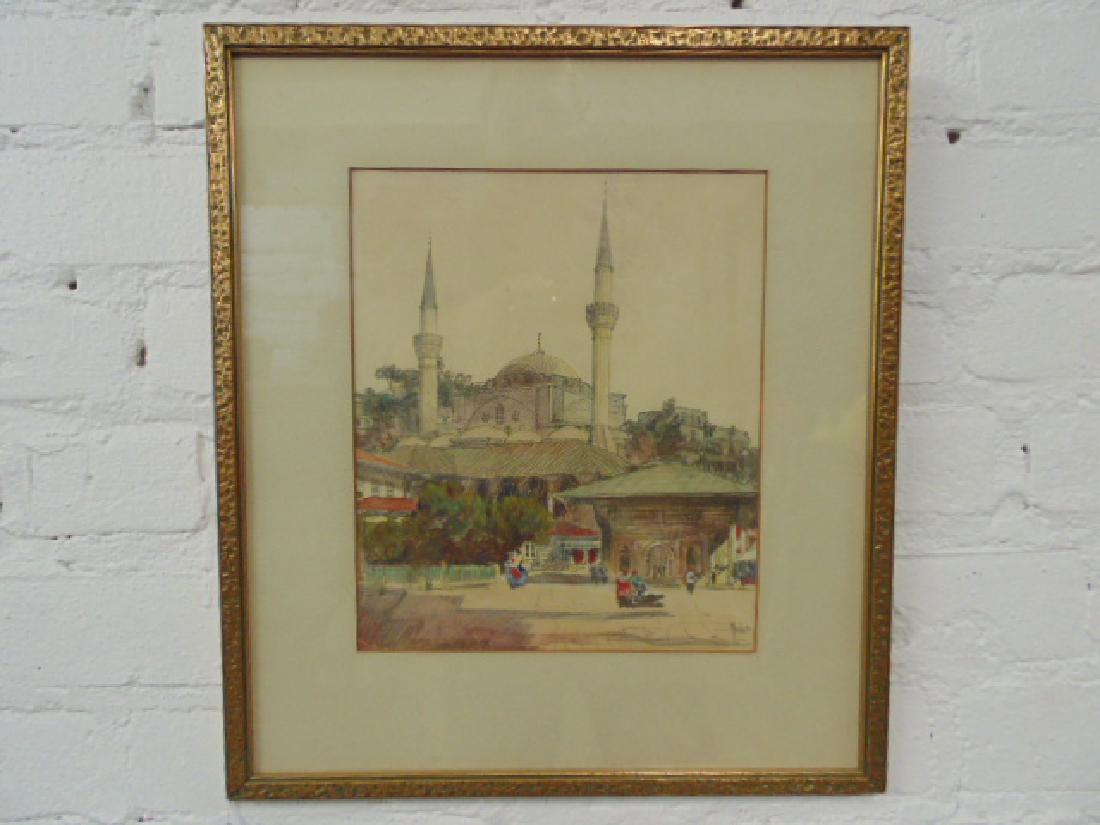 Turkish watercolor, 2 Minarets, mosque, unsigned,: Turkish, Istanbul watercolor, 2 Minarets, mosque, unsigned, 9.25" by 7.75". Disclaimer: This collection of Islamic antiques, artworks and carpets has been acquired by Edward Ochsenschlager over severa