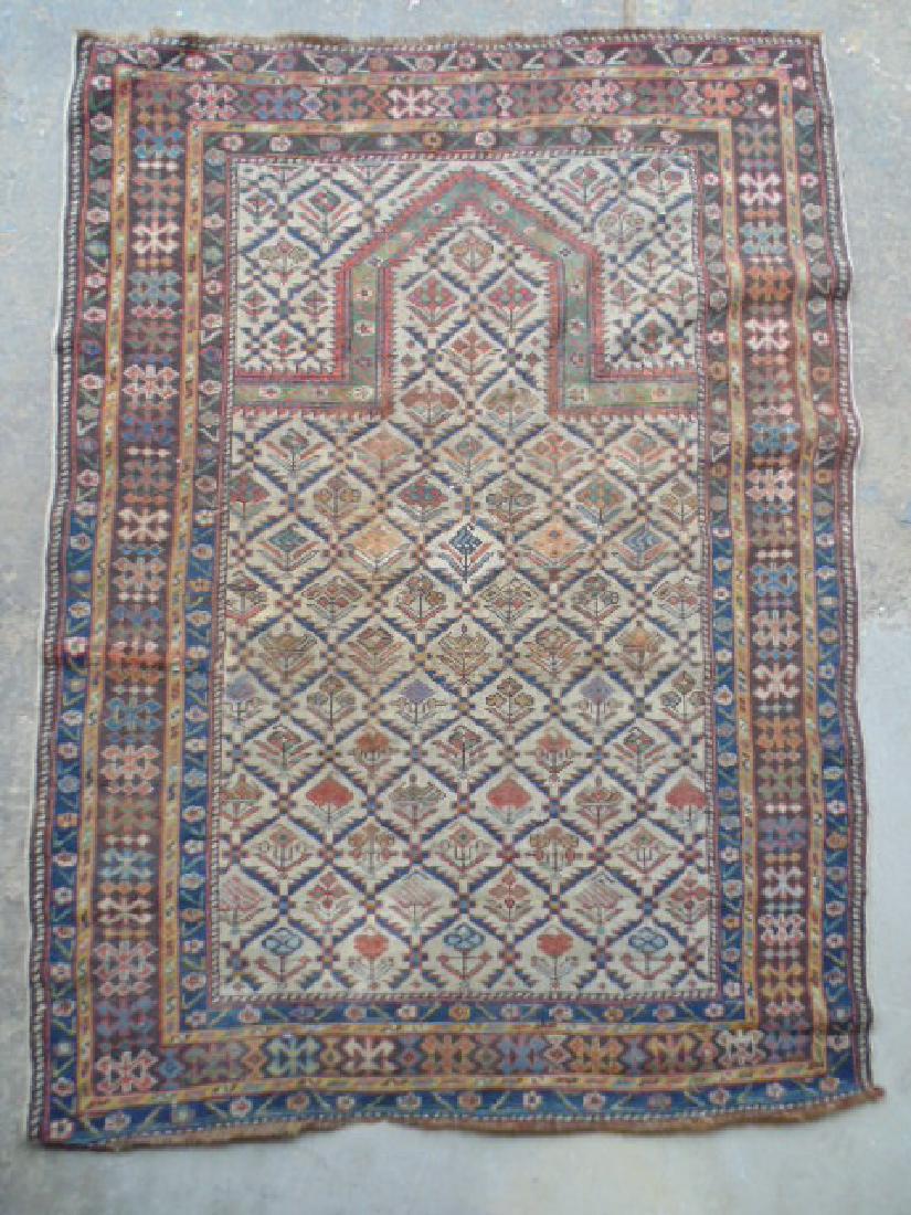 Caucasian prayer rug, grey field, blue border, 58" by (1 of 5)