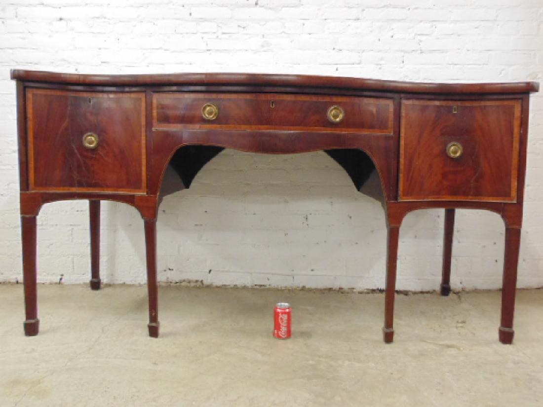 Mahogany inlaid sideboard, English, 2 large drawers &: Mahogany inlaid sideboard, English, 2 large drawers & center drawer 71.75" by 29", height is 37", gallery, probably brass is removed and missing. please refer to images for additional general conditio