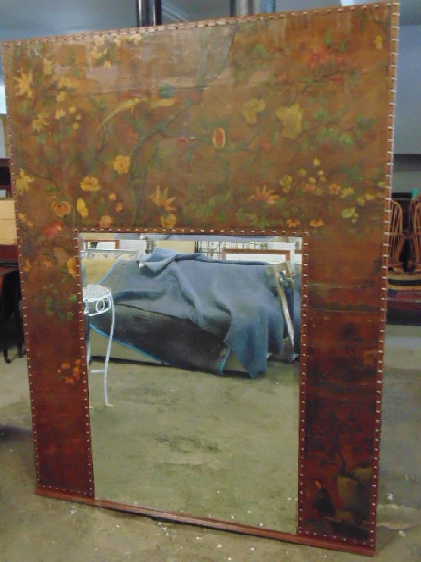 Paint decorated leather framed Asian mirror, decorated (1 of 8)