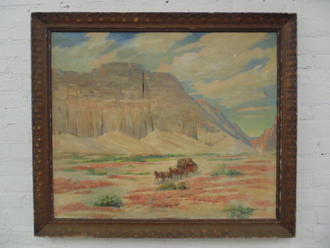 Painting, Western landscape with stagecoach, signed (1 of 7)