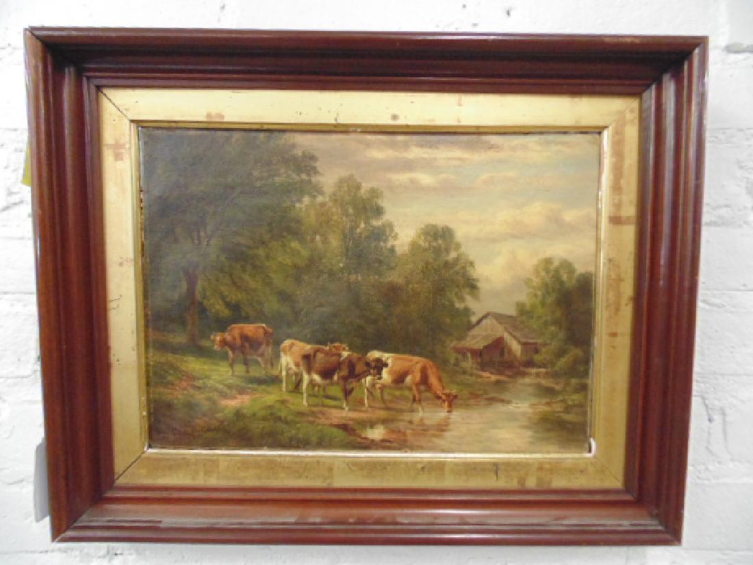Painting, "Below the old Saw Mill", Thomas B. Craig,: Painting, "Below the old Saw Mill", Thomas B. Craig, cattle, cows by stream, signed Thomas B. Craig, canvas size is 10" by 14". please refer to images for additional general condition information, all