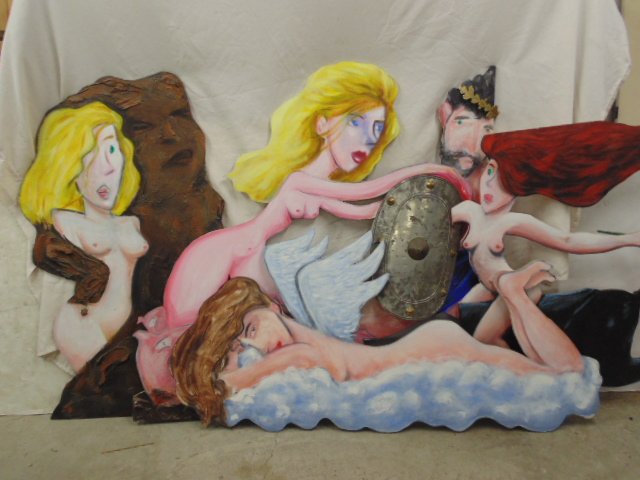 4 mixed media theater stage pop art by Steve Sax: 4 mixed media theater stage art by Steve Sax, showing various women in pop art style, includes blond nude with rock like figure (47" tall), nude winged angel floating on cloud ( 58.5" long), nude blon