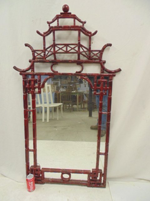 Chinese faux bamboo mirror, in red paint: Chinese faux bamboo mirror, in red paint, mirror is 54" tall, 31.5" wide, few old repairs