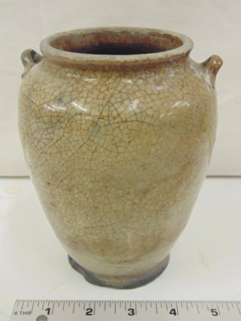 Persian pottery vase with 2 small handles, crackled (1 of 6)