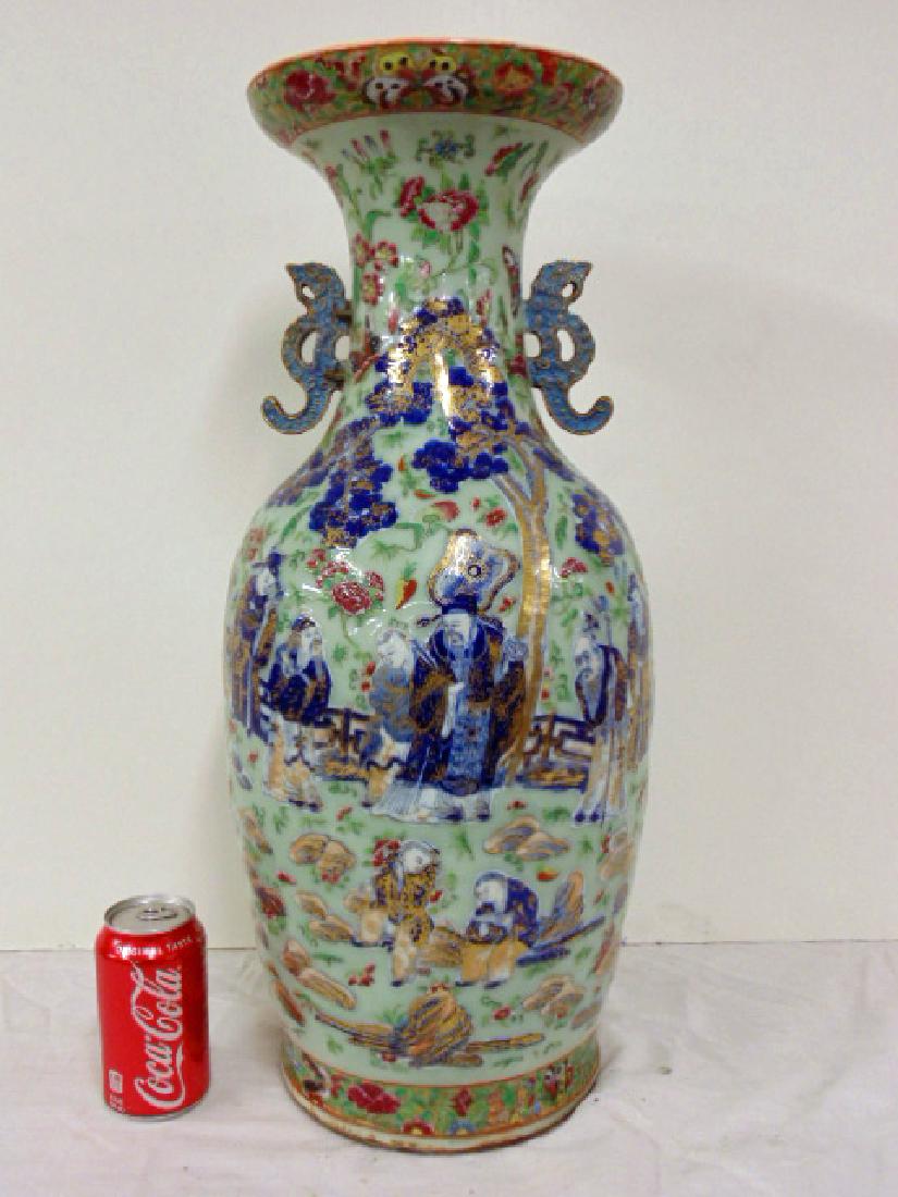 Lime green Famille Rose Chinese vase, decorated with: Lime green Famille Rose Chinese vase, decorated with flowers, birds & butterflies, old repair on one handle, height is 23.5", drilled