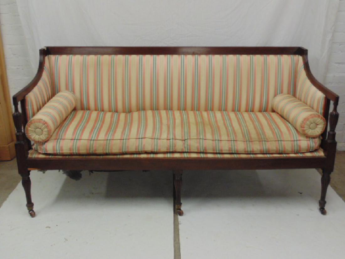 19th century Hepplewhite sofa, mahogany frame, center: 19th century Hepplewhite sofa, mahogany frame, center leg, sofa is 67" long, 23.25" deep & 34" tall
