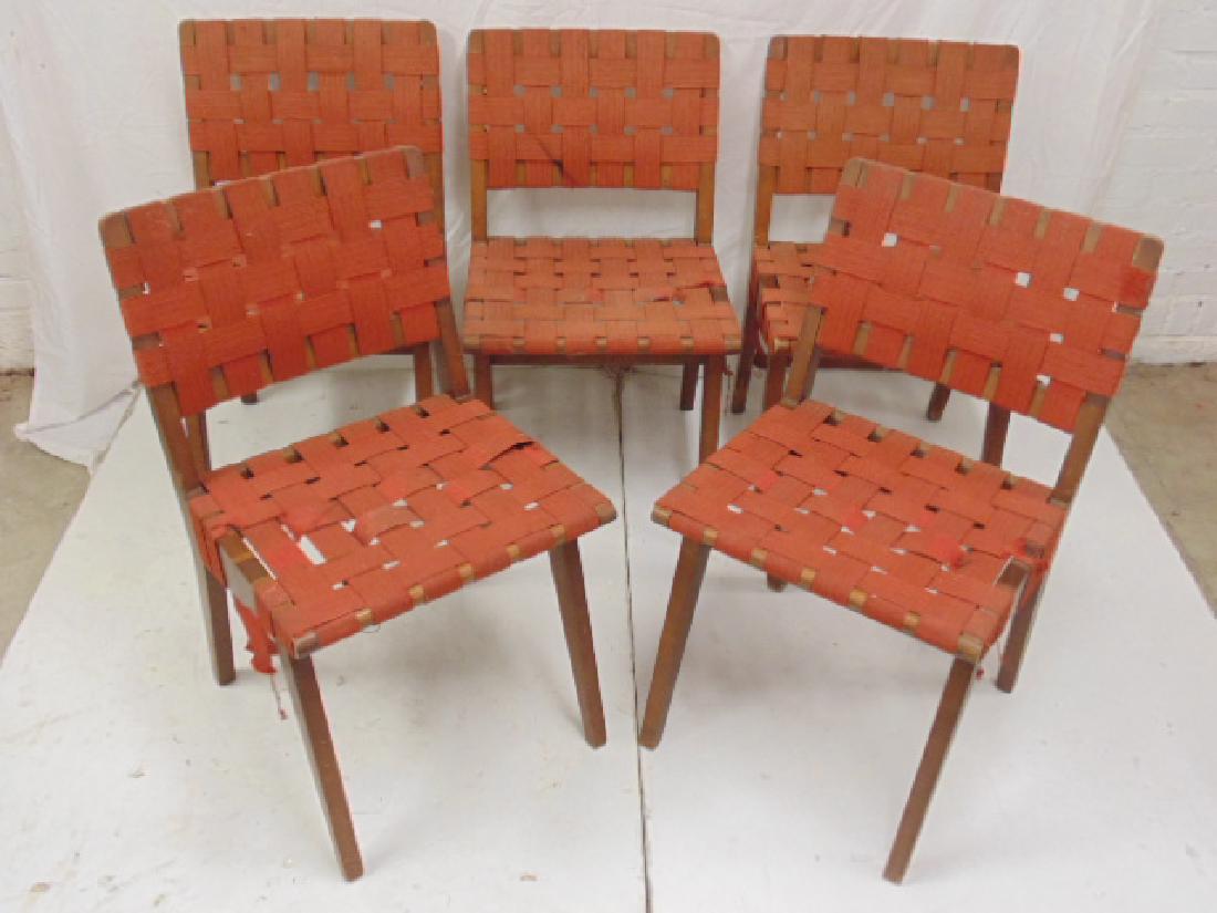 5 Risom for Knoll webbed side chairs, Jens Risom design: 5 Risom for Knoll webbed side chairs, Jens Risom design , original Knoll labels, each chair is 17.5" by 15.75", height is 31", webbing original but loose, broken on several chairs.