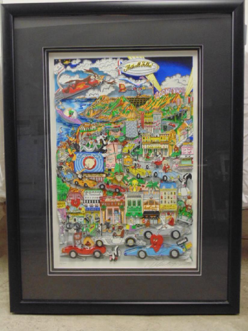Mixed Media, Charles Fazzino 3D pop art, "Loony Tunes,: Mixed Media, lithograph, Charles Fazzino 3D pop art, "Loony Tunes, That's All Folks", 43/200, showing various cartoon characters, image size is 25" by 17", good condition.