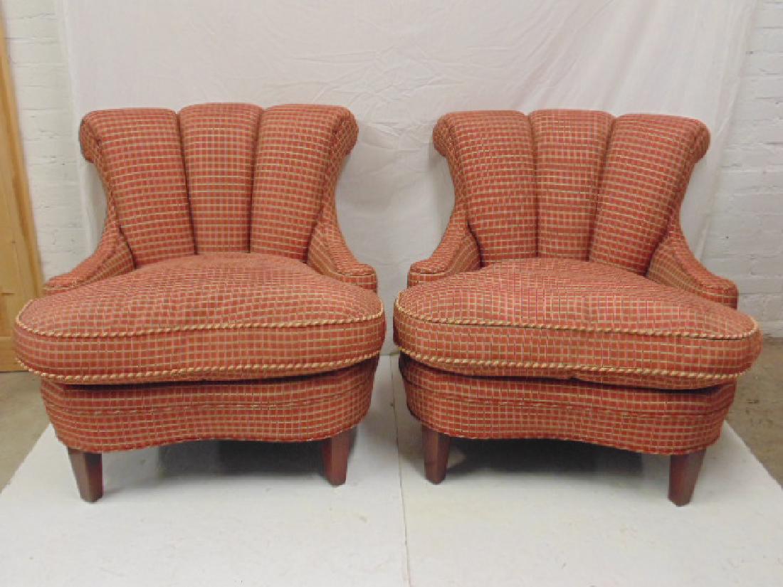 Pair French red upholstered lounge chairs, scalamandre: Pair French red upholstered lounge chairs, scalamandre fabric, some pulls on stitching pillows, chairs are 35" wide, 35" deep, height is 32"