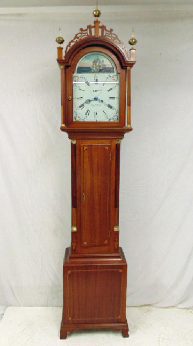 Mahogany tall case clock, Elmer O. Stennes, Weymouth: Mahogany tall case clock, Elmer O. Stennes, Weymouth Mass. dial, nautical theme, 2 iron weights, iron pendulum, height is 87", pendulum hookup needs repair.