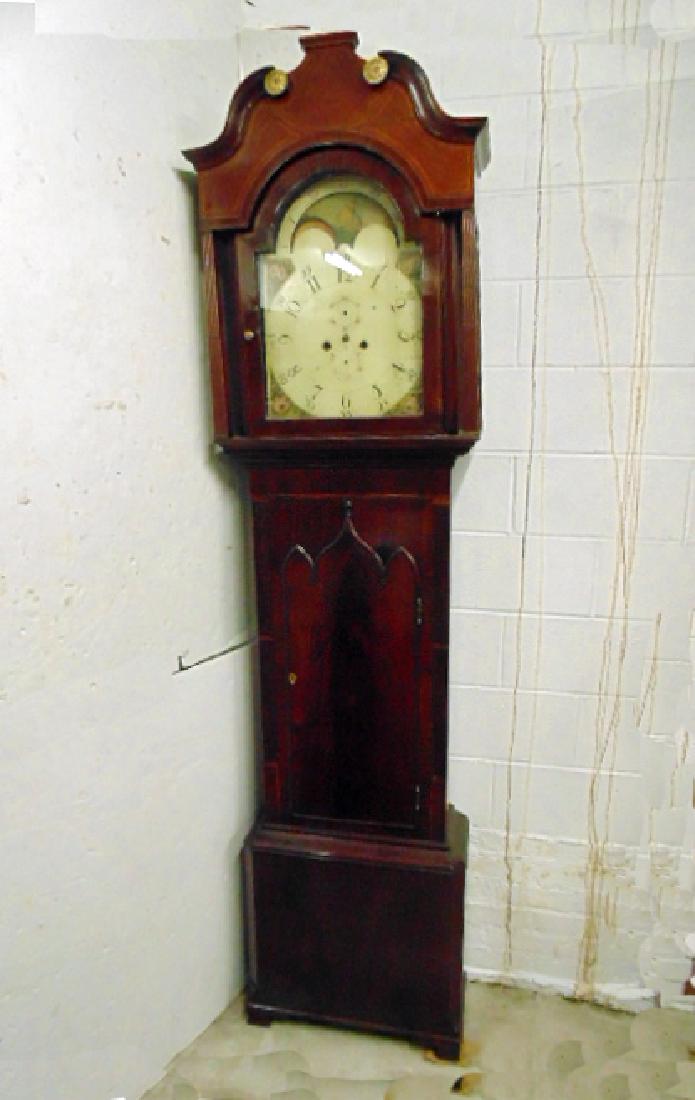 English Gothic style mahogany grandfather clock, paint: English Gothic style mahogany grandfather clock, paint decorated dial with floral & nautical themes, needs restoration, in as found condition, height is 91.5"