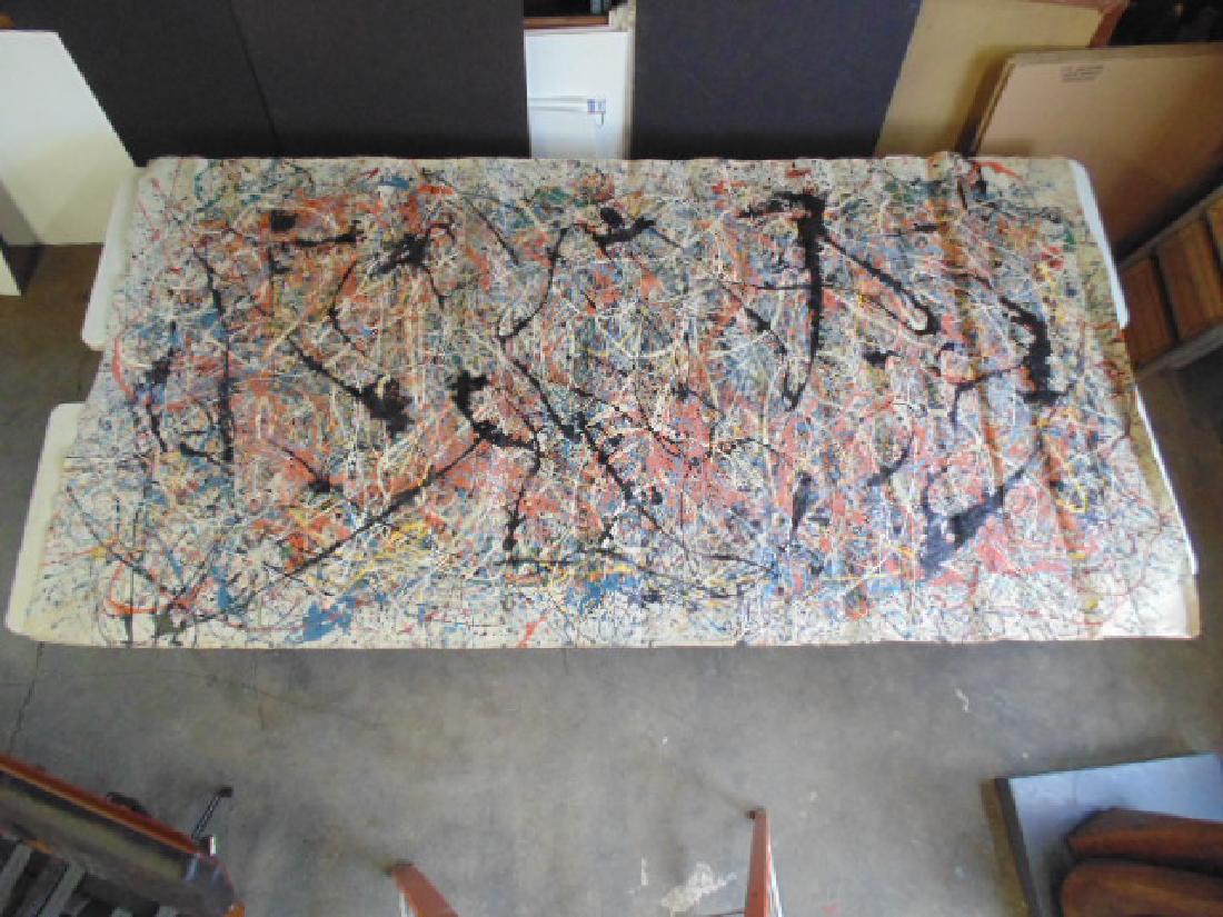 Drip oil painting on canvas, unstretched, style of: Drip oil painting on canvas, unstretched, style of Jackson Pollock, signed illegibly, dated 1962, canvas is 11'8" by 6', canvas only,