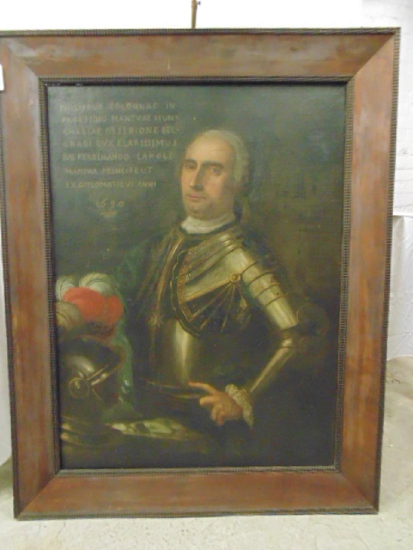 Painting, portrait of Ferdinando Carlo Gonzaga, Duke of: Painting, portrait of Ferdinando Carlo Gonzaga, Duke of Mantua and Montferrat, with Latin inscriptions, oil is dated 1690, showing Ferdinando in full armor, feathered helmet visible lower left, small 