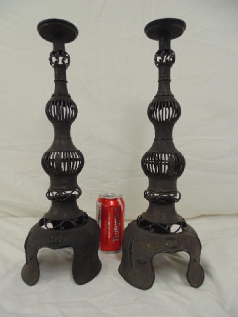 Pair bronze Asian candle holders, 17.75" tall