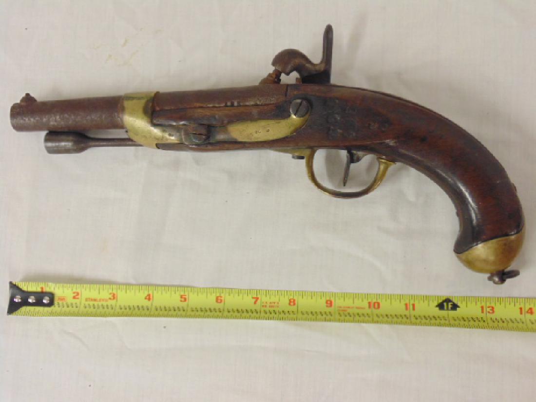 Muzzle loading, French St. Etienne Percussion Pistol,: Muzzle loading, French St. Etienne Percussion Pistol, "495" stamped in wood, 13.75" long.
