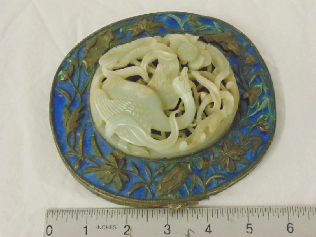 Chinese enameled bronze & Jade vanity mirror, floral (1 of 6)