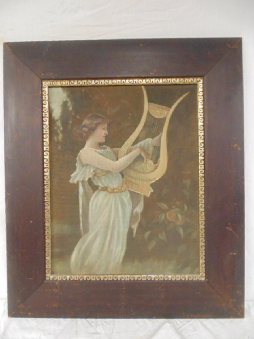 Painting, antique frame, portrait of a girl with lyre, (1 of 9)