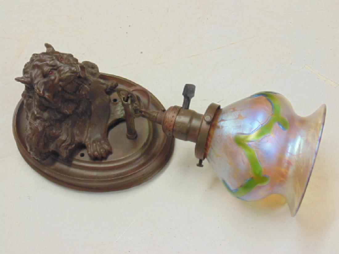 Bronze lion sconce with art glass shade, reproduction, (1 of 5)