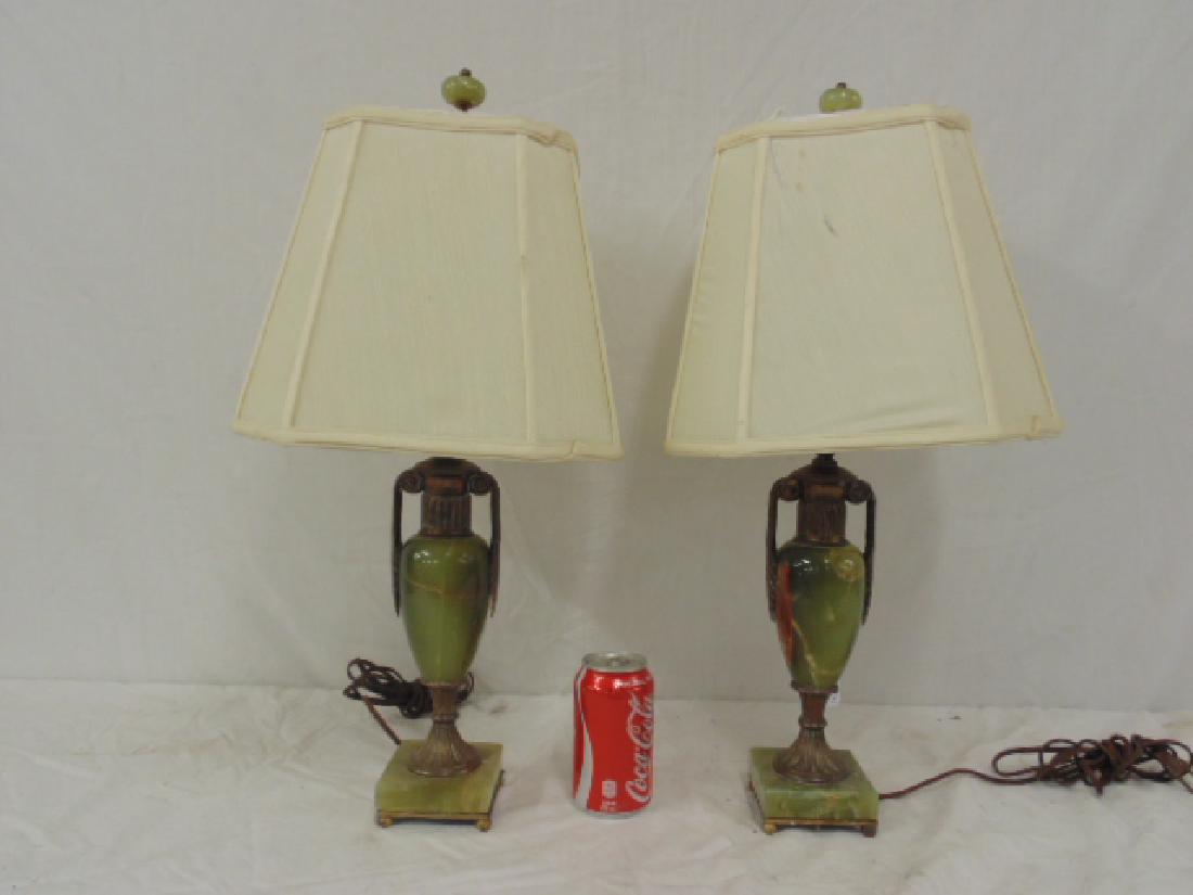 Pair onyx bronze mounted table lamps, with linen (1 of 7)