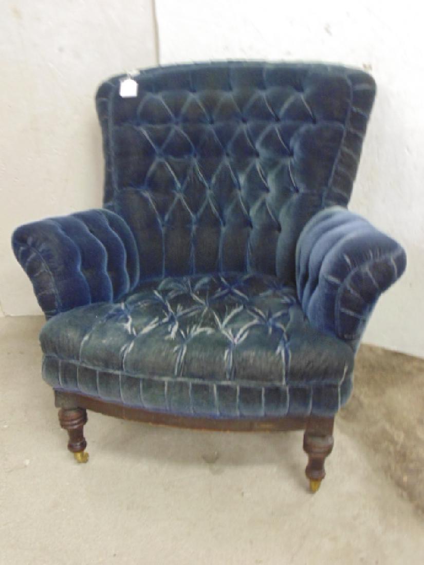 Turkish wireframe Mohair arm chair, in dark blue,: Turkish wireframe Mohair arm chair, in dark blue, tufted seat & back, chair is 39" tall, seat worn, shabby chic look