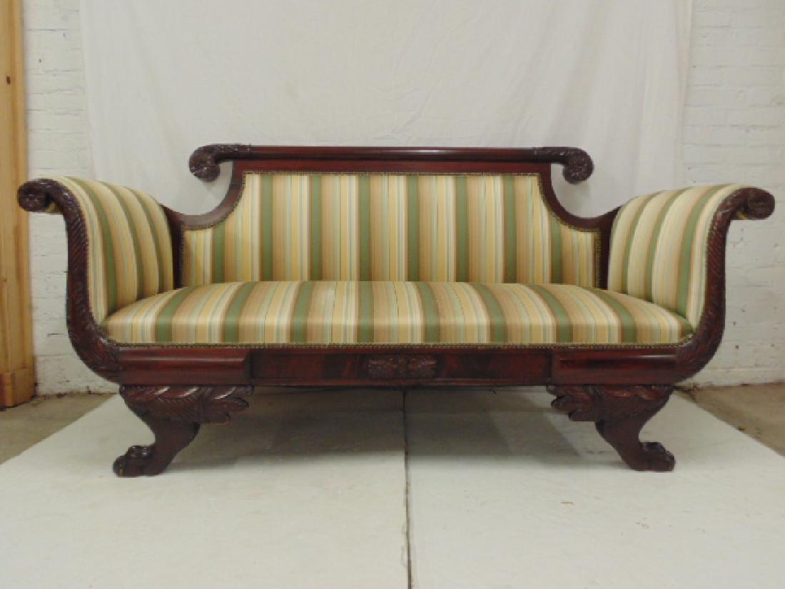 Carved mahogany empire loveseat with custom upholstery,: Carved mahogany empire loveseat with custom upholstery, cornucopia & claw feet legs, good condition, love seat is 71" by 26", height is 34.5"