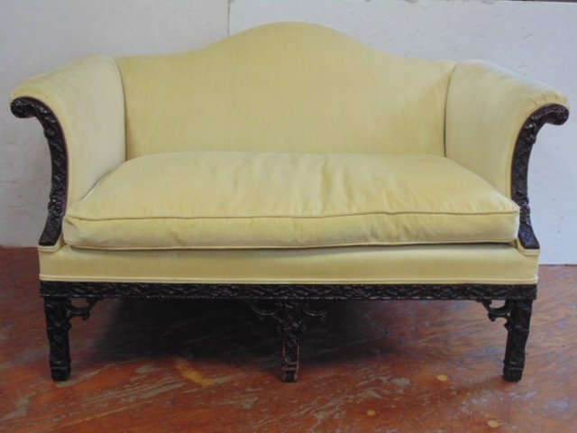 Chinese Chippendale style love seat, carved frame, legs (1 of 6)