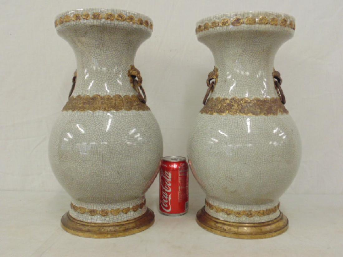 Pair early Chinese crackleware vases with metal gilt (1 of 7)