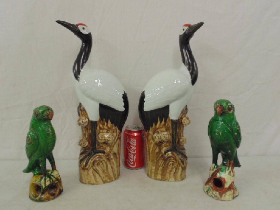 Asian ceramic birds, pair cranes & parrots, cranes are (1 of 7)